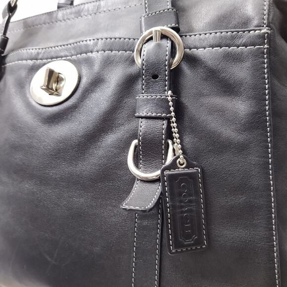 Coach Black Soft Leather Turnlock Double Handles Satchel Zipper Closure Bag - Picture 4 of 16